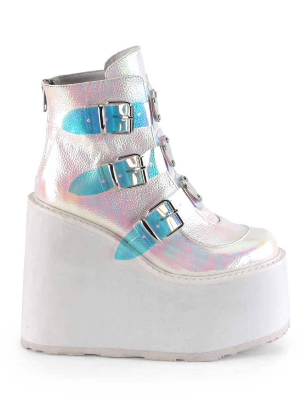 Pearl Iridescent Vegan Leather Ankle Boots with Triple Buckle Straps